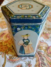Scatola in latta antica esagonale Caffè Merkur, Svizzera, costumi tradizionali