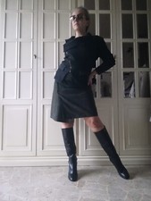 Gonna a portafoglio M / 42 IT pelle vera scamosciata dritta verde cachi Vintage