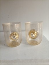 MURANO 2 BICCHIERI IN VETRO SOFFIATO CON ORO E MASCHERONI APPLICATI cm 11
