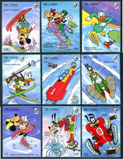 Gambia 1993 Disney, sport invernali, pippo, pattinaggio, hockey su ghiaccio, sci, cartoni animati MNH