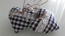 Decorazione country chic cuore in tessuto blu a quadretti con pizzo set 3 pezzi
