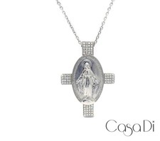 Pezzo unico ciondolo croce madonna 72 brillanti 1,06ct 750 oro bianco 18k lunghezza 45cm