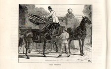 Stampa antica CARROZZA POSTALE FAETON con DUE CAVALLI 1892 Old print horses