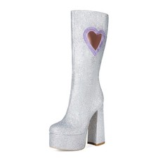 Stivali donna sexy clubwear strass cuore cavo tacco grosso taglie forti argento