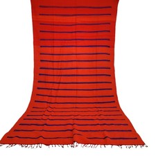 Tappeto arancione marocchino fatto a mano strisce blu frange berbero...