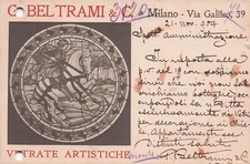 14-35F) TESTATINA G. BELTRAMI VETRATE ARTISTICHE MILANO VIA GALILEO VIAGGIATA