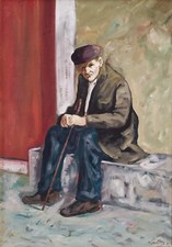 Ritratto di vecchio in un villaggio italiano dipinto ad olio originale anni 70 firmato