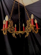 Raro lampadario stile Tudor spagnolo anni '20, bronzo con 6 luci