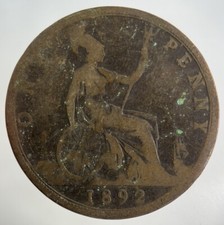 1892 Victoria One Penny Coin |