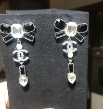 Chanel CC  B23K Ribbon Rhinestone  Silver Black Earrings
