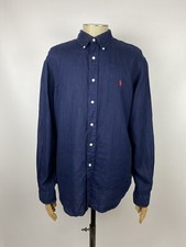 Polo Ralph Lauren lino blu camicia manica lunga con bottoni Oldmoney uomo tag...