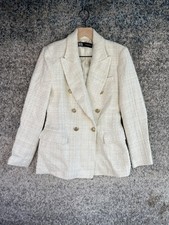 Giacca Zara Blazer Donna Piccolo Avorio Tweed Doppiopetto Bottone Oro Boucle