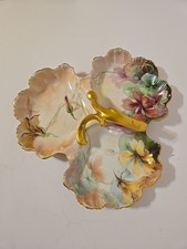 RARO antico piatto da portata floreale in porcellana di Limoges con rilievo oro 1900-1940