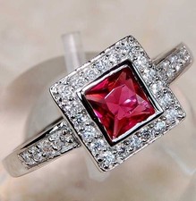 Anello in argento sterling 925 massiccio con rubino trattato e topazio bianco 1 ct misura 9 NB1-7