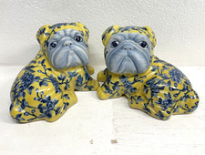 COPPIA CANI CERAMICA SMALTATA GIALLA DECORO BLU FLOREALE ANNI 60 DOG VINTAGE