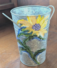 Vaso in metallo zincato girasoli dipinto a mano manici 7" arti decorative artigianato