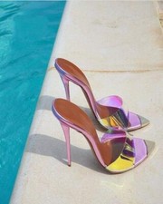 Sandali donna slip on metallo punta mules scarpe tacco alto stiletto ciabatte