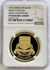 1975 ORO GIBILTERRA 750 CONIATO 100 STERLINE NGC PROOF 68 UC "BRITISH STERLING"