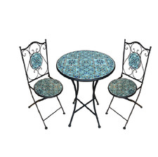 Set di Tavolo rotondo con 2 sedie in metallo e ceramica mosaico arredo giardino 