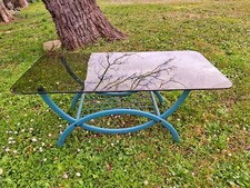 Tavolino da fumo vintage anni '80 in ferro color verde e vetro fumè ottimo stato