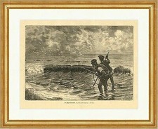 La caccia sulla spiaggia Campriani gabbiani onde cacciatori fucili lago incisione su legno E 3963