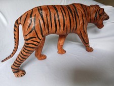 Statuina tigre 14" vintage in pelle avvolta occhi di vetro animale arte perduta anni 60