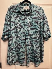 Camicia Columbia XXL stampa pesce bottoni misto lino rayon spiaggia costiera tropicale
