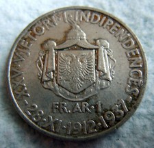 King Zog I of Albania  1  Franga Ari  19121937 silver very rare