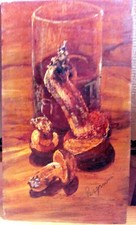 DIPINTO OLIO SU COMPENSATO NATURA MORTA : "FUNGHI PORCINI" CM. 17 X 29 CM
