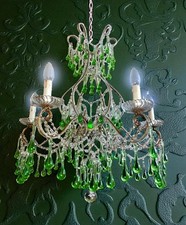 antico lampadario Murano verde smeraldo e oro con perline,  secolo XIX