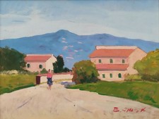 Dipinto olio modernista italiano originale vintage anni 70 firmato scena villaggio di campagna