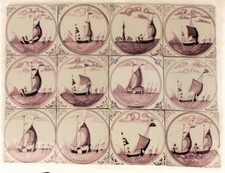 Antique Dutch Delft Tiles Fisherman & Boats Ship Manganese 18th/19th C Tile