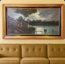 quadro dipinto grande a olio su tela paesaggio lago con cornice in stile antico