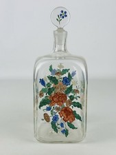 Antica Bottiglia In Vetro Soffiato Dipinta Con Smalti Policromi Floreali XX Sec.
