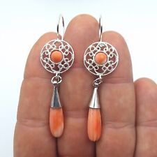 Antichi Orecchini A Goccia Corallo Del Jiapone Pelle D'Angelo Rosa Argento 925