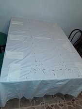 Set Tovaglia grande ricamata a mano + 8 Tovaglioli puro Cotone Made in Italy