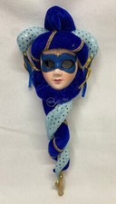 Maschera veneziana di Carnevale con bastone 48 cm blu in stoffa e ceramica