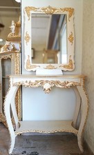 ENTRATINA CONSOLLE E SPECCHIO IN LEGNO PANNA E FOGLIA ORO CON CRISTALLI STRASS