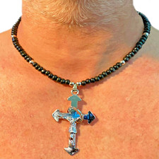 Collana con croce nero da uomo catenina rosario ciondolo lunga 50 cm donna