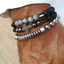 SET 3 BRACCIALI UOMO DONNA VETRO PIETRA ACCIAIO EMATITE + SACCHETTO REGALO PUNK