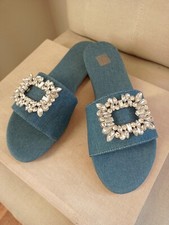 Sandali donna bassi jeans tessuto blu fibbia strass 39 40 nuovi