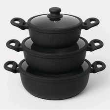 Batteria 11 Pezzi in Pietra Lavica con Mestoli - Tris di Tegami con Coperchi