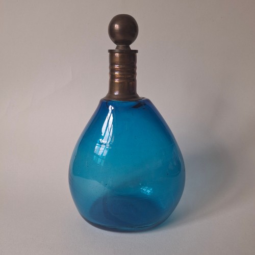 Blue glass bottle brass - glass,