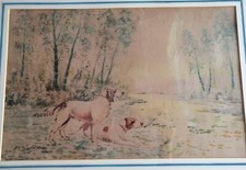 Antico quadro francese acquerello cani setter caccia firmato Charlet opera unica