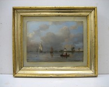 Dipinto olio paesaggio antico XIX secolo Navi a vela mare costa mare