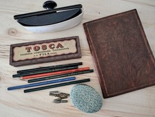 Lotto Cancelleria D'epoca Tampone Pennini Cartellina Pelle Matita Stenografia GA