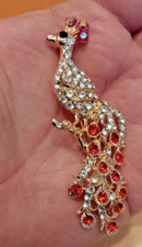 C6 - Spilla Vintage Pavone con Zirconi  Dorata 8 Cm Circa