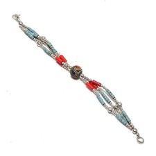 Bracciale Corallo Turchese Lapislazzuli Argento Tibetano Perline Gioielli...