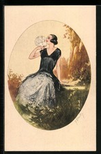 Cartolina artistica J. Hardy: donna in abito con colomba a portata di mano 