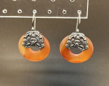 Vintage Chinese Carnelian Silver Tone Earrings Hook Ring Disc Art Deco Style